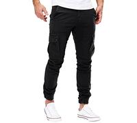 ACemt Mens Cargo Combat Jeans Elasticated Waist Cuffed Trousers Joggers Straight Fit Sweatpants Track-Bottoms Solid Color Trackpants Jogging Soft Lightweight Long Pants Summer Running Trousers Black