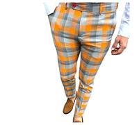 ACemt Smart Casual Plaid Trousers for Men UK, Mens Skinny Fit Suit Trousers Stylish & Versatile Checked Pants Skinny Plaid Dress Bottoms with Pockets Business Work Trousers Causal Trouser Orange