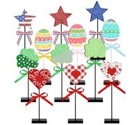 AceOrbit 12 Pcs Interchangeable Seasonal Wood Tiered Tray Decor Set with 3 Wooden Bases St. Patrick's Day Valentine's Day 4th of July Easter Veteran's Memorial Shamrock Easter Egg Home Decorations