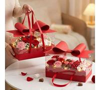 AceOrbit 2 Set Valentine's Day Large Red Gift Box with Bow Paper Empty Gift Baskets with Lid and Handle Squared Flower Box Packaging for Women Wedding Birthday Bridal Baby Shower Party Wrapping