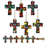 AceOrbit 24 Pcs Religious Wooden Cross Hanging Ornaments Folk Art Crosses Wood Christmas Ornaments 3" x 4" Mexican Christian Cross Decor with Hemp Rope for Xmas Day of the Dead Party Church Home Decor