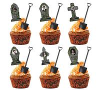 AceOrbit 48 Pcs Halloween Cupcake Toppers with 3D Changing Face Moving Picture Novelty Mini Shovel Spoons Tombstones Graveyard Cake Decorations for Halloween Birthday Party Supplies (Moss Style)
