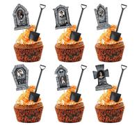 AceOrbit 48 Pcs Halloween Cupcake Toppers with 3D Changing Face Moving Picture Novelty Mini Shovel Spoons Tombstones Graveyard Cake Decorations for Halloween Birthday Party Supplies (Brick Style)