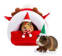 AceOrbit 5 Pcs Christmas Guinea Pig Hideout Set Warm Guinea Pig House Cozy Small Animal Pet Hideouts Bed with Mini Santa Hat and Scarf Accessories for Chinchillas Dwarf Rabbit Hamster to Sleep Hide, M