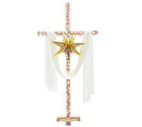 AceOrbit 58 Inch Large Wooden Christmas Cross with 180 Lights, White Silk Scarf and Paper Star Lantern Lampshade, Jesus Christ Catholic Cross He Is Risen Decor for Indoor Outdoor Holy Night