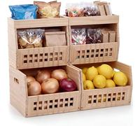 AceOrbit 6 Pack Wood Pantry Storage Bins 4 Wooden Storage Bins with 2 Wooden Tray Lids Multipurpose Open Front Stackable Organization Set for Kitchen or Pantry and Fruits Vegetables, Potato & Onion