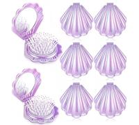 AceOrbit 6 Pcs Mermaid Party Favors Foldable Shell Hair Brush with Mirror Mini Travel Pocket Compact Hair Brush Makeup Comb for Women Girls Hairstyles Gift Birthday Party Supplies(Purple)