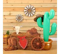 AceOrbit 7 Pcs Western Cowboy Party Supplies Decoration Fake Jumbo Hay Bales Inflatable Cactus Wagon Wheel Prop Cactus Prop for Western Cowboy Photo Booth Props Birthday Farm Accessories