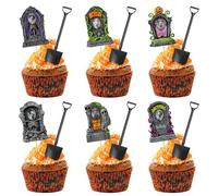 AceOrbit 72 Pcs Halloween Cupcake Toppers with 3D Changing Face Moving Picture Novelty Mini Shovel Spoons Tombstones Graveyard Cake Decorations for Halloween Birthday Party Supplies (Cartoon Style)