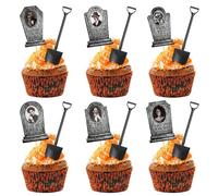 AceOrbit 72 Pcs Halloween Cupcake Toppers with 3D Changing Face Moving Picture Novelty Mini Shovel Spoons Tombstones Graveyard Cake Decorations for Halloween Birthday Party Supplies (Marble Style)