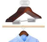 AceOrbit 8 Pack Wooden Security Hangers with Clips 16.3" Hotel Suit Hangers with Anti Theft Ring Hook for Hotels RVS Closets Heavy Duty Wood Metal Pants with Non Slip Notches