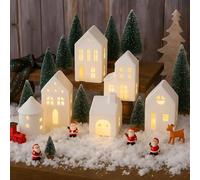 AceOrbit Ceramic Christmas Village Set Matt Ceramic LED Lighted Christmas Village Houses White Porcelain Town Houses Xmas Holiday Farmhouse Vintage Rustic Decor for Tabletop Mantle