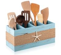 AceOrbit Extra Large Coastal Kitchen Utensils Holder with 4 Compartments, Coastal Decoration, Wooden Utensil Organizer for Kitchen Countertop, Nautical Style Beach Starfish Decoration, Blue Grain