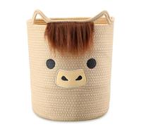 AceOrbit Highland Cute Cow Basket for Nursery, Big Shower Gift Basket, Round Woven Rope Cotton Storage with Ears Handles, Baby Blanket Towel Decor Storage Organizer Bins, 12" L x 12" W x 14" H
