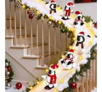 AceOrbit Penguins Christmas Staircase Decorations Set Banister Christmas Decoration with 6 Pcs Skiing Penguins Artificial Snow Blanket LED Lamp Xmas Hat Scarf for Home Xmas Stairs Decor