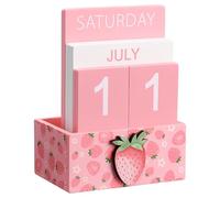 AceOrbit Pink Strawberry Wood Block Perpetual Calendar Coquettish Desk Decor Cute Month Week Date Display Decorative Block Calendar for Women Office Home Desk Gift for Women