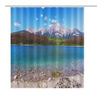 ACEPrints Canada Shower Curtain Amazing Wave Lake Blue Color Red Pine Trees Mountains Blue Sky Canada Bathroom Decor Waterproof Fabric Shower Curtain Set with Hooks 72x72 Inch