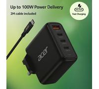 Acer 100W PD Charger, USB Port: 3C+1A, UK Plug, 100W USB-C Cable, Black