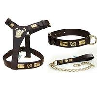 Aces Equine STAFF STAFFIE STAFFORDSHIRE BULL TERRIER DOG HARNESS, COLLAR AND CHAIN LEAD SET BLACK & BROWN STAFFY KNOT BRASS FITTING (BROWN)