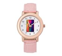Aces Playing Card Rainbow Women’s Wrist Watches | Round Case Watches 3-Hand Pink Leather Strap Quartz Watch