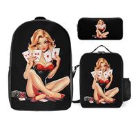Aces Playing Cards Pinup Girl 3 Pieces Set Laptop Backpack Casual Daypack with Lunch Box Pencil Case for Travel