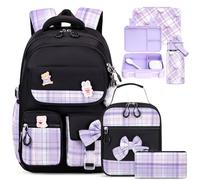 ACESAK 5PCS Backpack for Girls with Bento Box & 14oz Insulated Water Bottle - Cute School Girls Backpacks for Elementary Preschool Middle with Lunch Bag Pencial Case, Back To School (Black Purple)