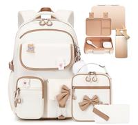 ACESAK 5PCS Backpack for Girls with Bento Box & 14oz Insulated Water Bottle - Cute School Girls Backpacks for Elementary Preschool Middle with Lunch Bag & Pencial Case, Back To School (Beige khaki)