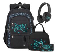 ACESAK Backpack for Boys with Wired Headphones,Insulated Lunch Bag & Pencil Case, Boys Backpack Lightweight with 3.5mm Corded Headphones for School Kids Children Kindergarten Elementary(Black Game)