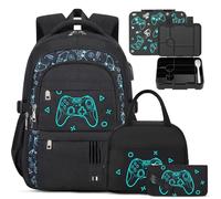 ACESAK Boys Backpack - Black Game Console Bento Box with Insulated Lunch Bag Pencil Case & Utensils Set for Kids, 6 Leakproof Compartments Removable Tray Lunches or Snack Container