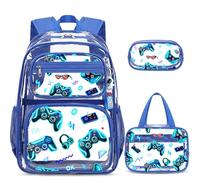 ACESAK Clear Backpack for Boys - 3 Pcs Game Clear Backpack Heavy Duty with Lunch Bag - See Through Backpack Clear Bookbag Stadium Approved for Kids Middle High College School Travel (Blue Games)