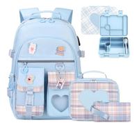 ACESAK Girls Backpack - Bento Box with Insulated Lunch Bag Pencil Case, Blue, L, Backpack