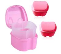 ACESOME 3Pcs Portable Retainer Case, Denture Box, 9.5X 9.5 x 6cm, False Teeth Container with Flushable Basket, PP Denture Bath Box, Retainer Box Storage for Home & Travel (Pink)