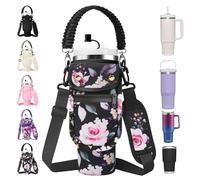 AceTreker 30/40 oz Stanley Tumbler Sling Pouch with Paracord Handle & Straw Cap, Insulated Travel Car Mug Carrier Sleeve with 2 Pockets & Shoulder Strap for Gym Home Work-Black Rose