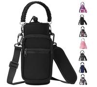 AceTreker 32 oz 40 oz Water Bottle Sleeve, Insulated Water Bottle Holder with Strap & Paracord Handle, Carrier Sling Bag with Phone Pocket for Walking Hiking-Black