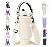 AceTreker 40 30 oz Stanley Cup Carrier Bag with Strap & Straw Cover, Vacuum Stainless Steel Rambler Sleeve with Phone Pocket, Neoprene Water Flask Holder Pouch for Stanley Tumbler Accessories-Cream