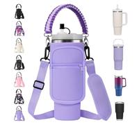 AceTreker Water Bottle Sleeve Bag for Stanley 30/40 oz Tumbler with Handle & 2 Pockets, Neoprene Metal Travel Coffee Mug Carrying Sling Accessories-Purple