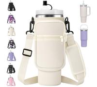 AceTreker Water Bottle Sleeve for Stanley 40/30 oz Tumbler Insulated Thermos Car Mug with Strap Carrier Pouch with Phone Pocket & Straw Cover for Stanley Cup Accessories-Cream