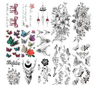 Acevegue 26 Sheets Fake Tattoos for Women and Girls, Black Semi Permanent Temporary Tattoos Kit Flowers Fairy Transfer Tattoos, Waterproof Colorful Rose Butterfly Stickers Decorations Favors