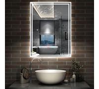 Acezanble 600 X 800 mm LED Bathroom Mirror with Shaver Socket, 3 Colors Dimmable Wall Mounted Illuminated Bathroom Mirror with Lights and Anti-fog Demister Pad, Energy-Saving Smart Mirror