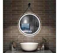 Acezanble 800mm Round Bathroom Mirror with LED Lights, 3 Colors Dimmable, Black Metal Framed, Leather Strap, Demister Anti-fog, Brightness Memory Illuminated Wall Mounted Vanity Mirror