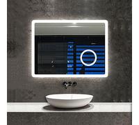 Acezanble 900 X 700 mm Backlit Illuminated Bluetooth Bathroom Mirror with Shaver Socket, 3 Colors Dimmable Bathroom Vanity Mirror with LED Lights and Demister Pad Magnifying LED Smart Mirror