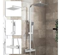 Acezanble Thermostatic Shower Mixer Set Chrome, Square 38°C Thermostat Shower System with Rainfall Shower Head, Handheld Shower, Anti Scald Shower Mixer Bar Kit, Adjustable Height