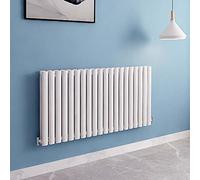 Acezanble∣White Radiators Double Oval Column Panels Horizontal 600mm Wide Low Radiator Centre Heating for Bathroom Kitchen Living Room Small Large Average