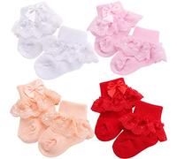 Acfun 4 Pairs Eyelet Frilly Bow Lace Ruffles Baby Socks Newborn Cotton Baby Girls Sock Cute Newborn Toddler Infant Kids Socks Bowknot Party School Princess Stockings Baby Accessories (1-2 Year)