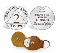 ACGZQY 2 Year Sobriety Coin - One Day at A Time AA Cions and Medallions Alcoholics Anonymous Sobriety Chip Triplate Recovery Gifts Sober Token with PU Leather Keychain