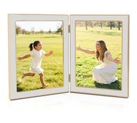 ACHAVINM 5x7 Double Picture Frame with White Enamel Finish, Gold Edge Metal Hinged Photo Frames, Real Glass Front Velvet Back, Display for Wall and Tabletop, Ideal for Wedding Couple Family Photos