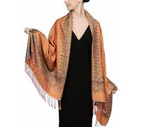 Achillea Luxurious Double Layered Jacquard Big Paisley Pashmina Shawl Wrap Scarf, Orange-border, One Size