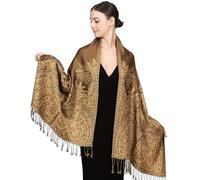 Achillea Soft Silky Reversible Paisley Pashmina Shawl Wrap Scarf w/Fringes, Big Paisley Golden Brown, One Size