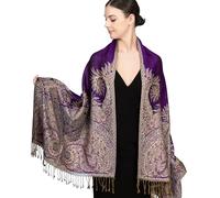 Achillea Soft Silky Reversible Paisley Pashmina Shawl Wrap Scarf w/Fringes, Big Paisley Purple, One Size