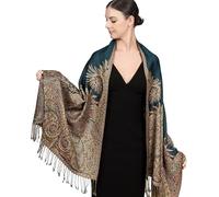 Achillea Soft Silky Reversible Paisley Pashmina Shawl Wrap Scarf w/Fringes, Big Paisley Teal, 28" W x 76" L